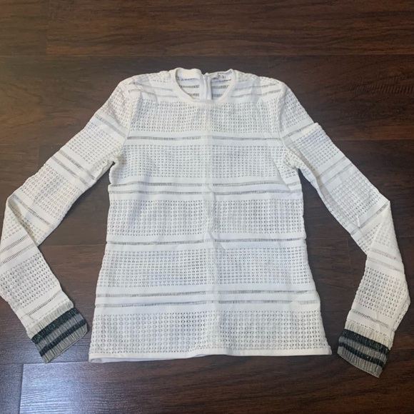 Tibi White Eyelet Semi-Sheer Long Sleeve Top W/Sparkly Shimmer Striped Cuffs 6 - Picture 4 of 14